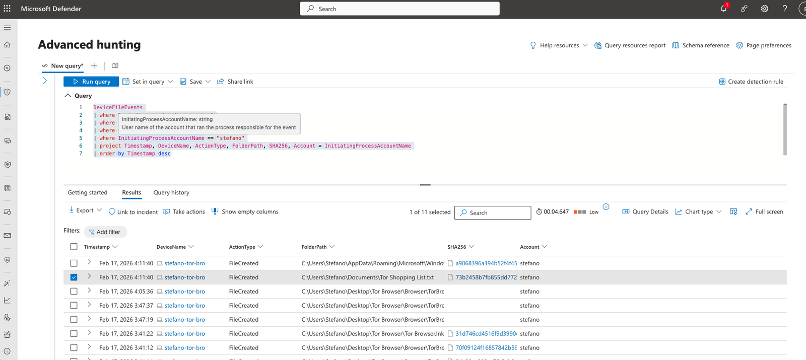 DeviceFileEvents KQL Results