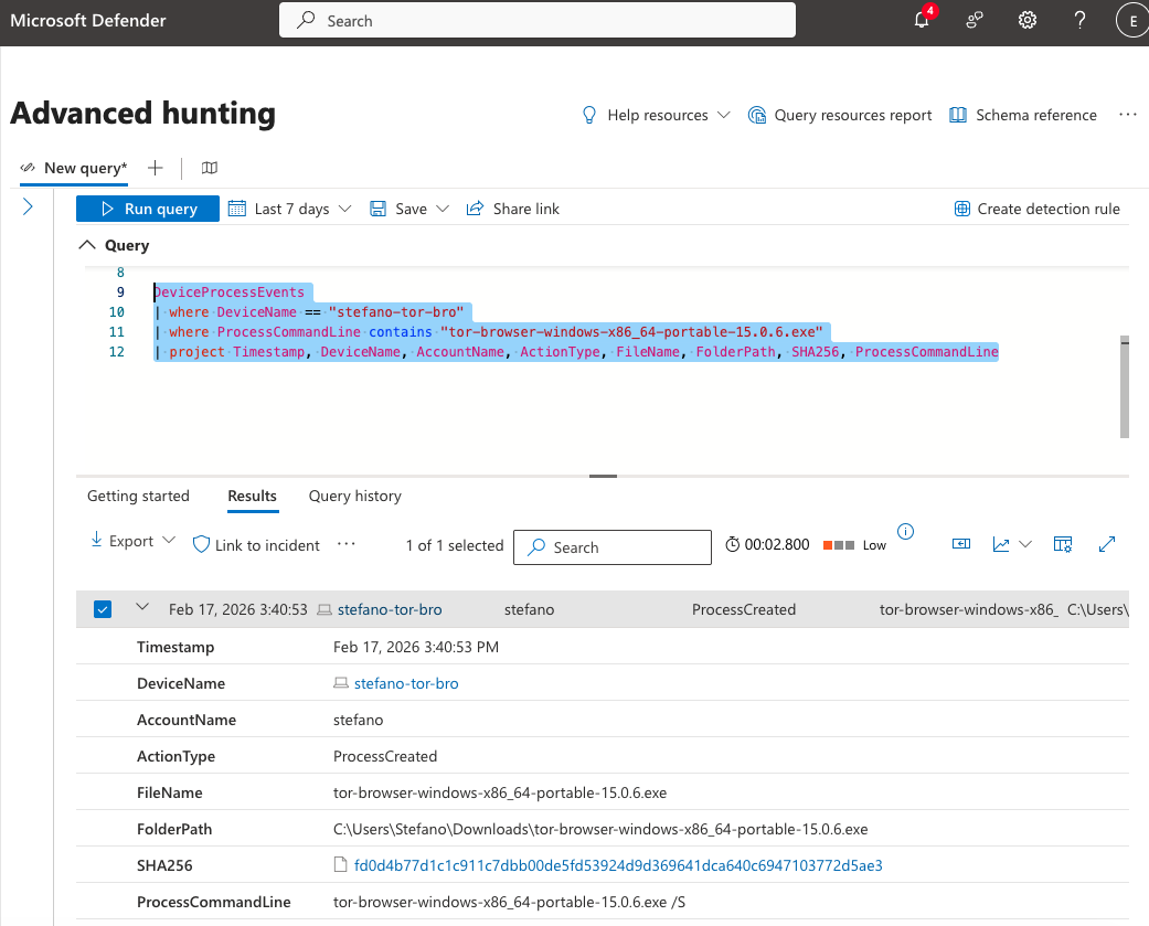 DeviceProcessEvents KQL Results