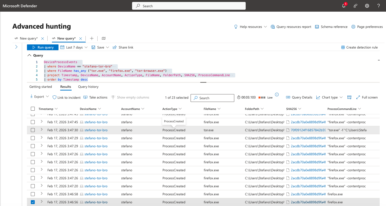 DeviceProcessEvents showing execution