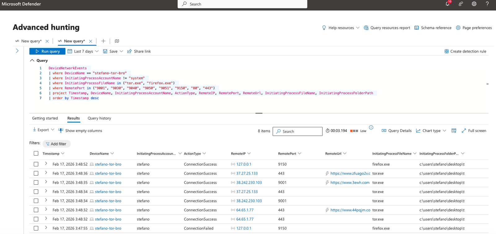 DeviceNetworkEvents KQL Results