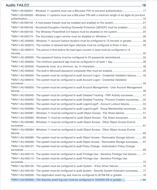 Initial vulnerability scan results showing failed compliance checks.